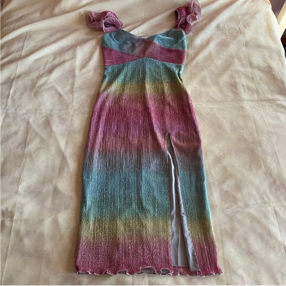 Saylor x Revolve- Myrah Rainbow Dress with Ruffle Sleeves Slit Thigh Size Medium - Picture 2 of 5
